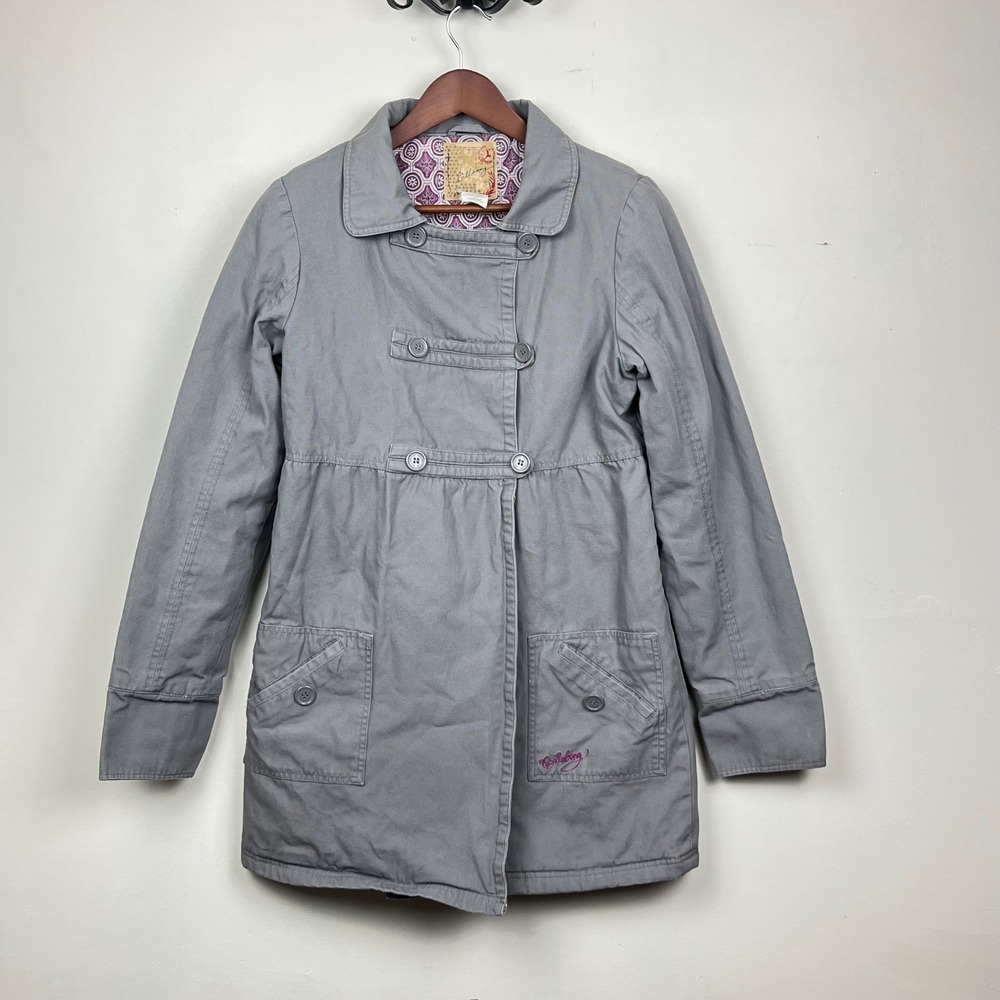 Billabong Gray Cotton Canvas Utility Jacket Purple Print Lining Large Runs Small